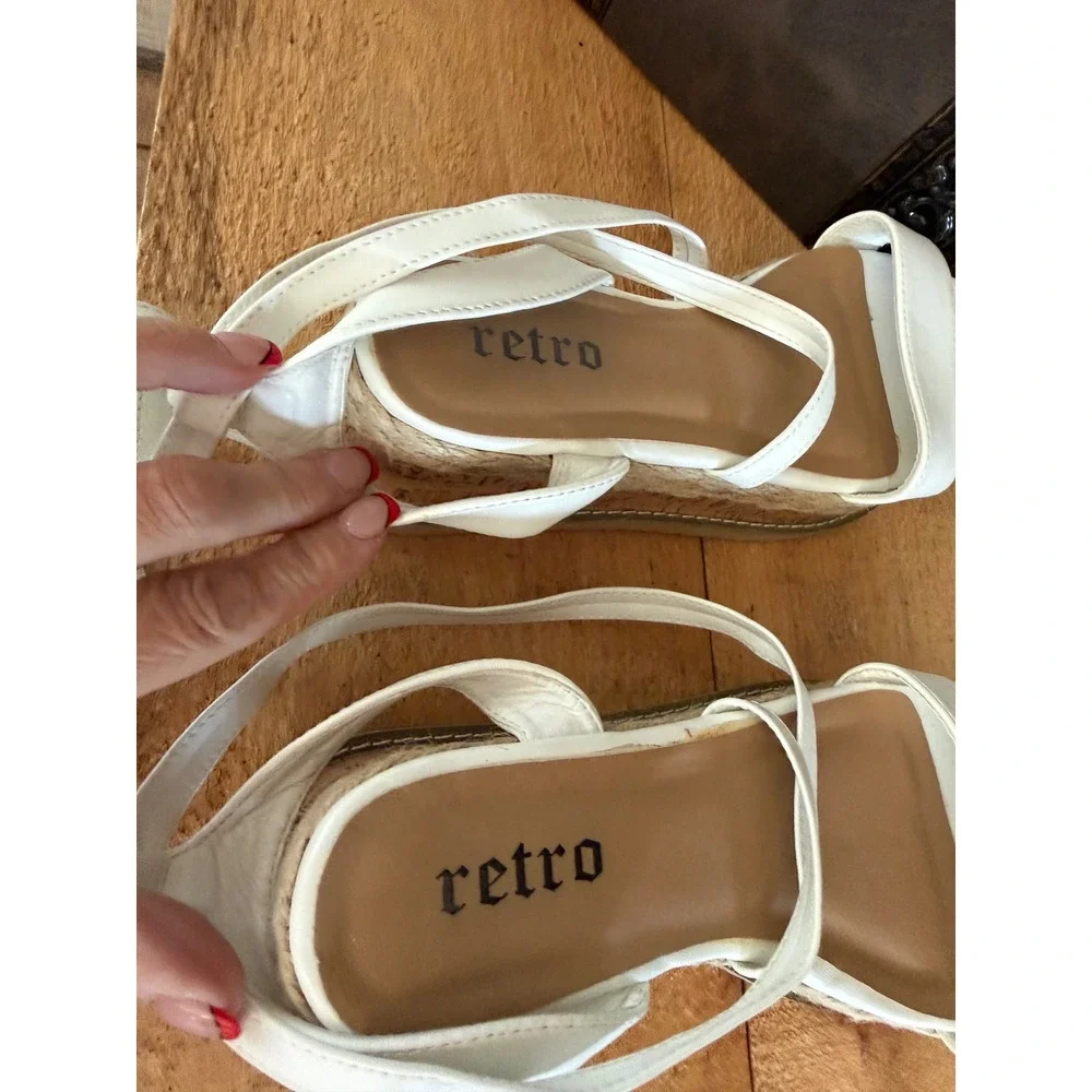 Retro White Lace Up Platform Sandals Espadrille Cork Wedge FRM1 Womens 8 41
